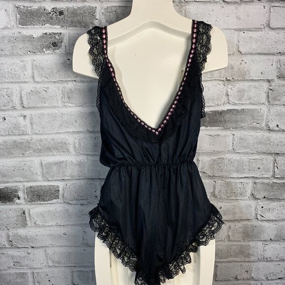 Vintage Dominique Black Satin Lace Teddy Romper Lingerie Bodysuit - Picture 6 of 11